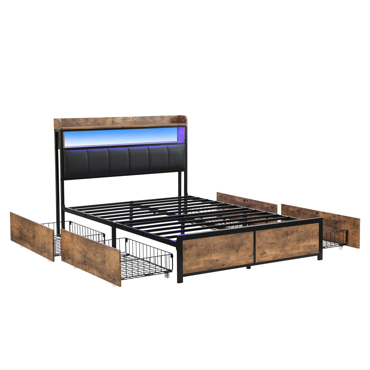 POLSTERBETT 140/200 cm Schwarz mit LED-Beleuchtung und 4 Schubladen - Schwarz, Kunststoff (140/200cm) - OKWISH