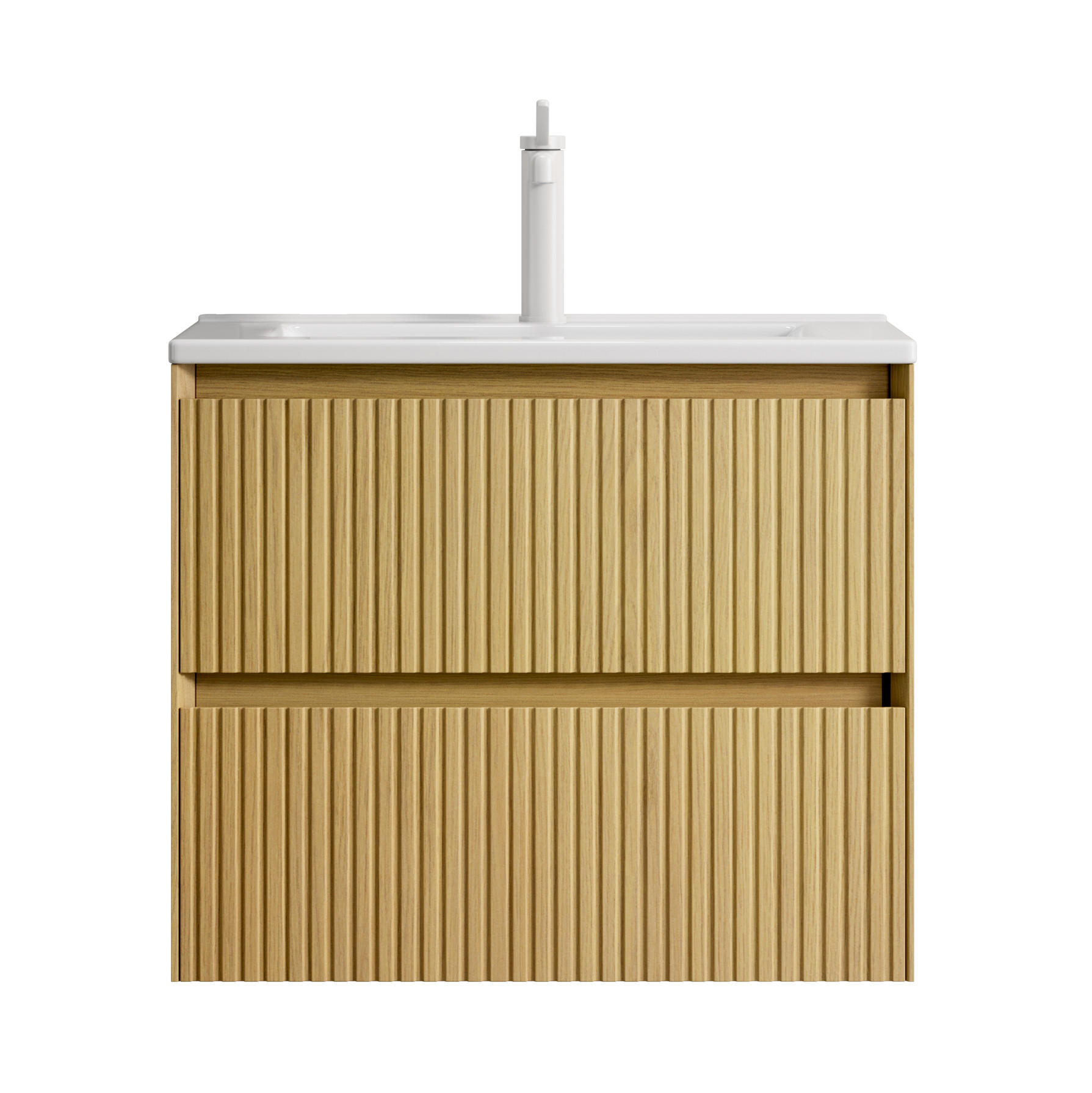 Modfu KOUPELNOVÁ skříňka s umyvadlem z keramiky a překližky 61x39x51 cm bílá a zlatý dub se 2 zásuvkami a tichým dovíráním