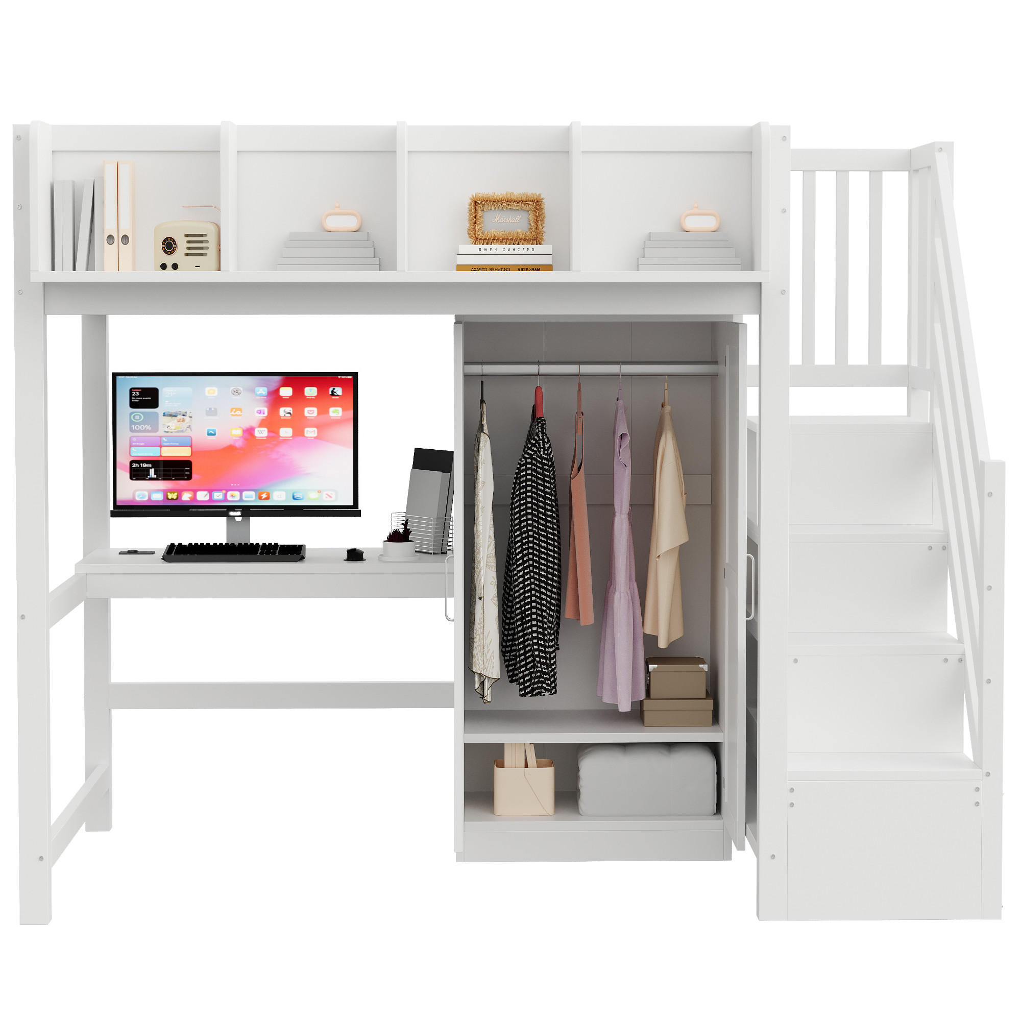 HOCHBETT 90/200 cm in Weiß mit Schreibtisch, Kleiderschrank, Regalen, Leiter mit Stauraum, LED und Steckdosen aus Holz - Weiß, Holzwerkstoff (90/200cm) - STILVORA