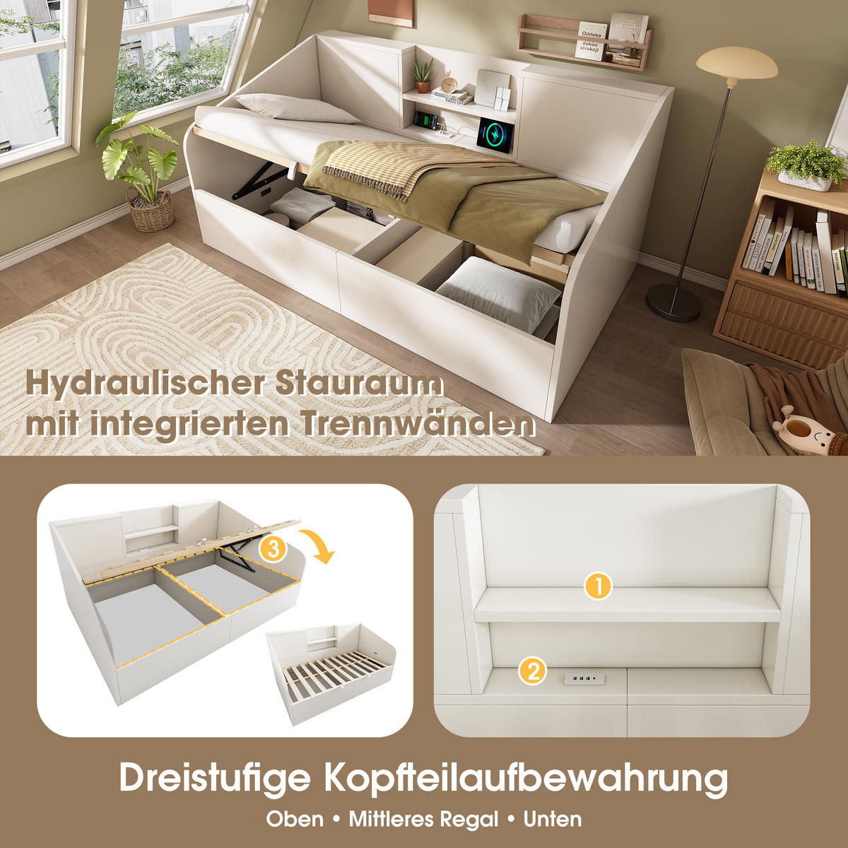 POLSTERBETT 90/200 cm mit USB- und Type-C-Ladestation, hydraulischem Stauraum und Ablagen, Holz, Weiß - Weiß, Textil (90/200cm) - Redom