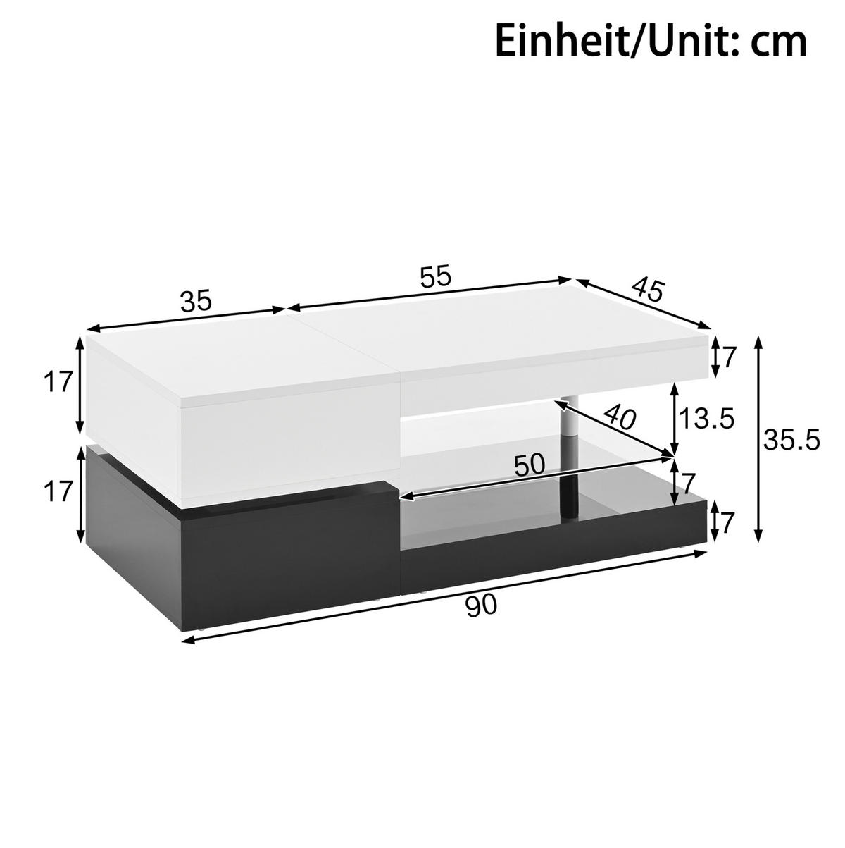 COUCHTISCH 90/45/35,5 cm mit LED-Beleuchtung, Glasablage & Hochglanz in Schwarz/Weiß - Weiß, Holzwerkstoff (90/45/35.5cm) - Flora Grace