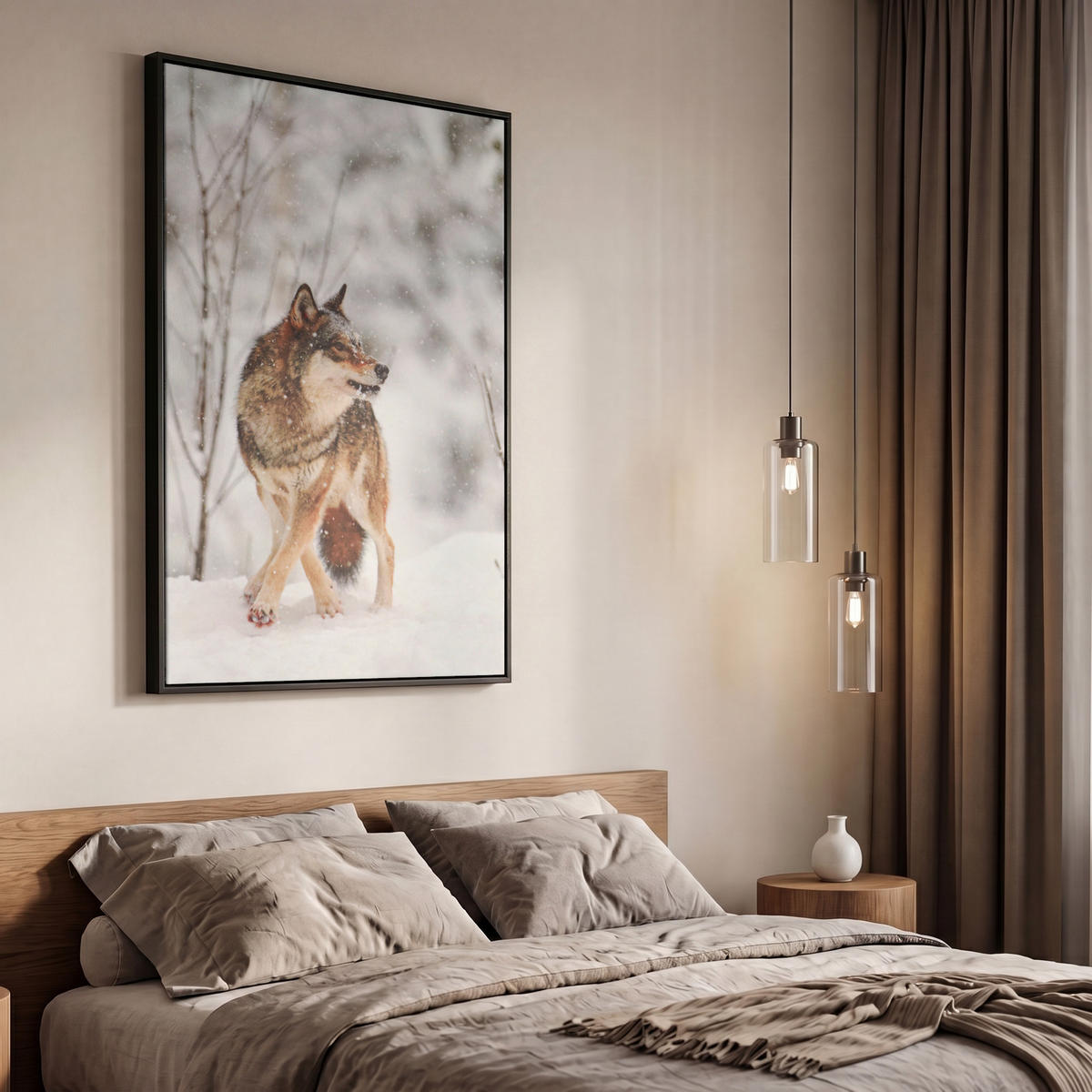 LEINWAND Bilder mit Rahmen - Wolf - Winter - Schnee - Natur - Tiere - 60x90 - Haselnussfarben, Textil (60/90cm) - MuchoWow