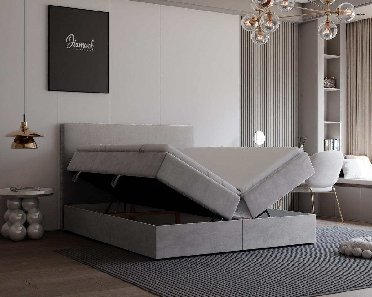 BOXBETT GIULIA 160/200 cm mit Matratze und Topper, Grau - Grau, Textil (160/200cm) - Idohome