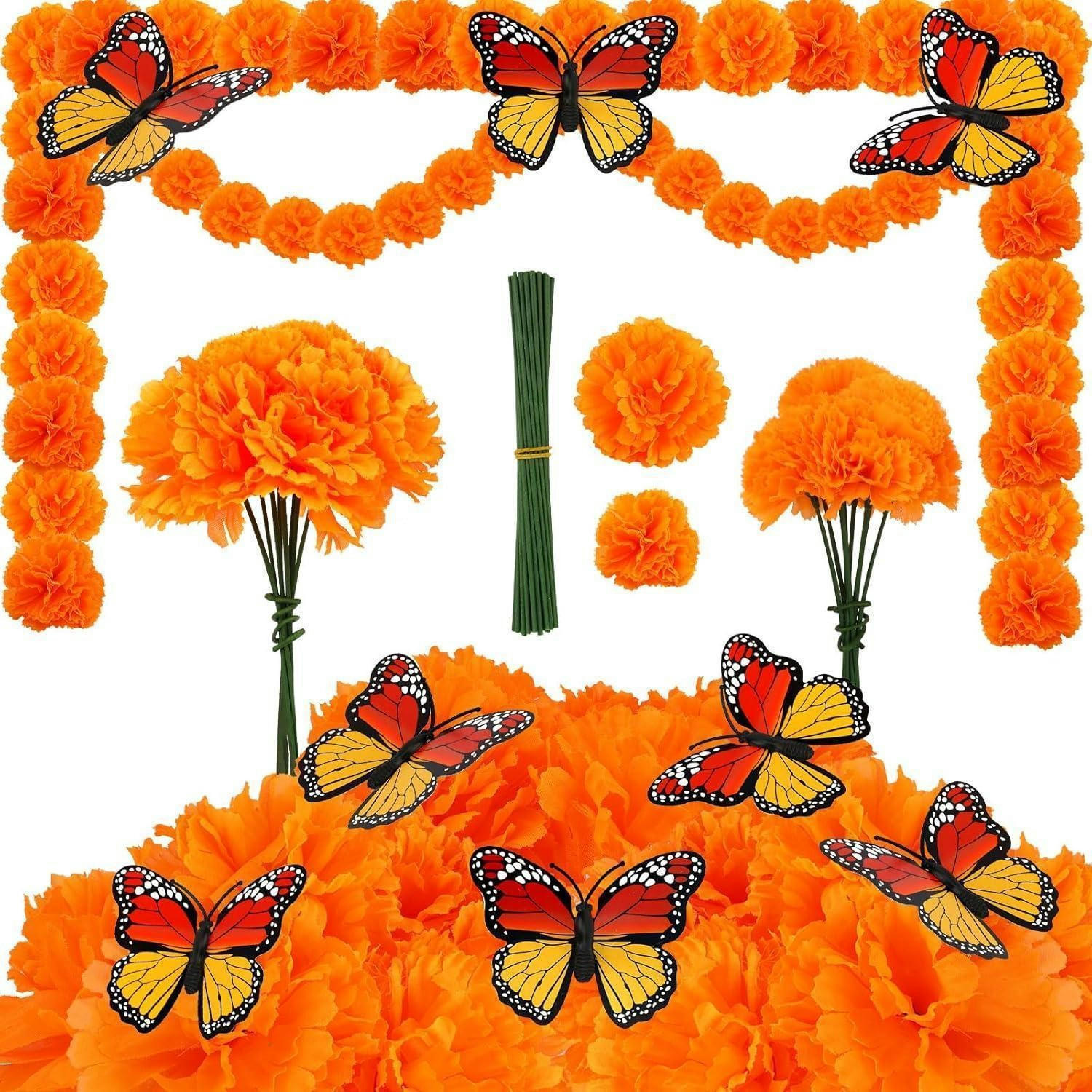 DEKO-SET Künstliche Ringelblumen & Schmetterlinge 40-teilig - Orange, Kunststoff (2cm)