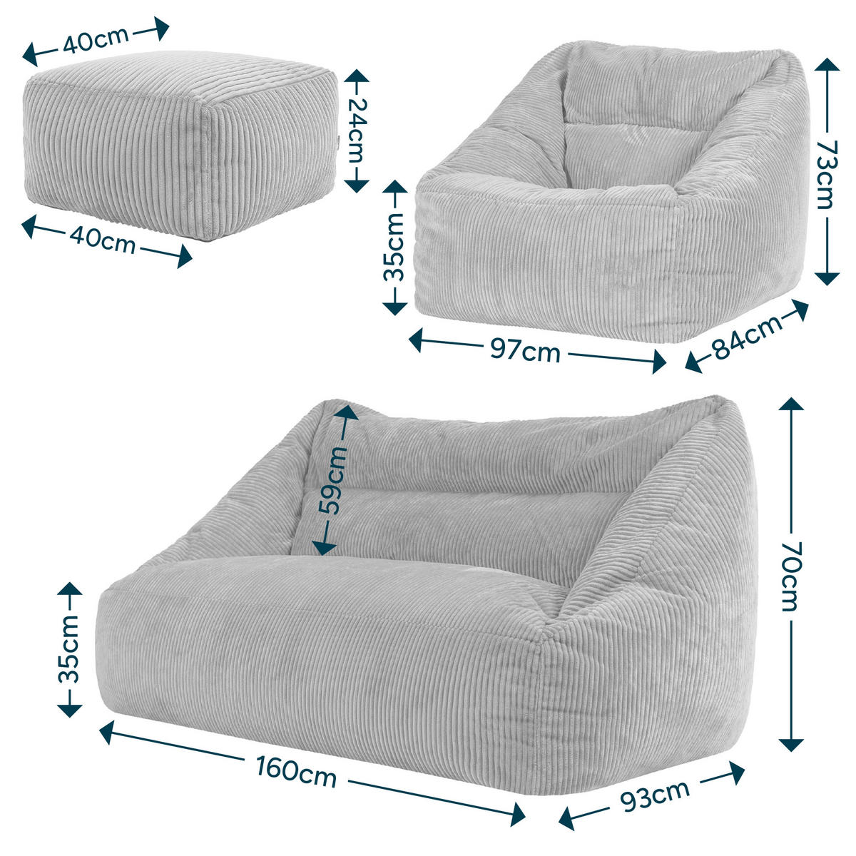 SITZSACK Sofa mit Sessel und Hocker Cecilia - Grau, Textil (160/70/93cm) - icon