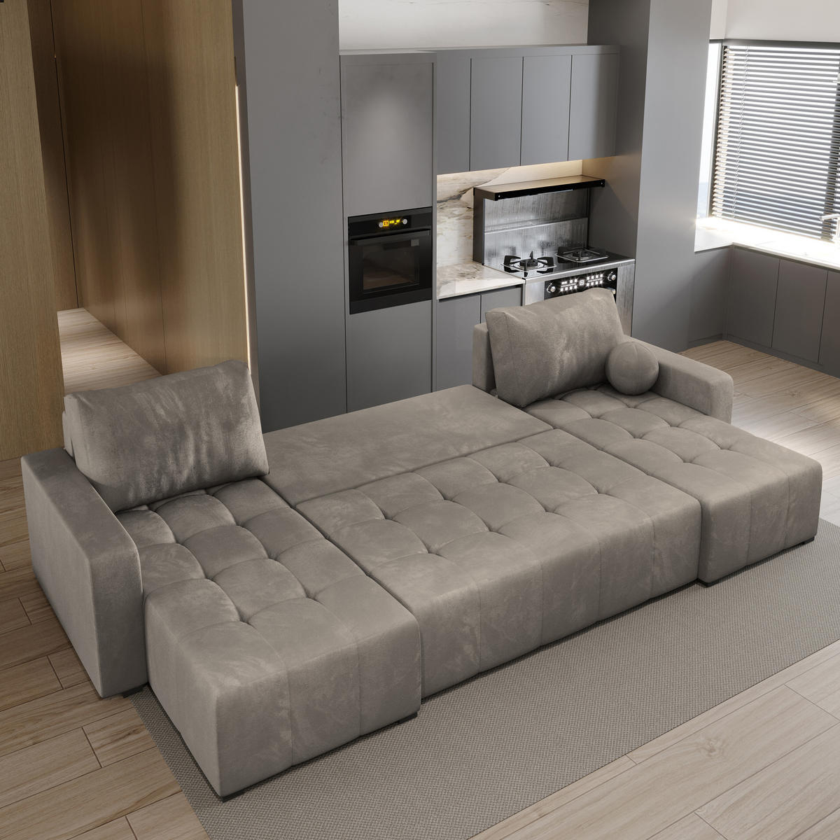 WOHNLANDSCHAFT TOLARI Beige Plüsch-Stoff mit Schlaffunktion - Beige, Holz (295/85/140cm) - MASSENO