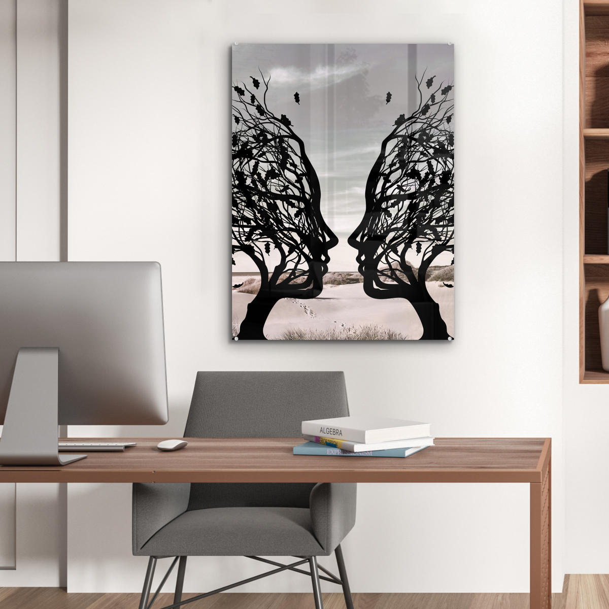 ACRYLGLASBILD Strand - Meer - Menschen - Baum - Moderne Kunst 60x80 cm - Hellgrau, Glas (60/80cm) - MuchoWow