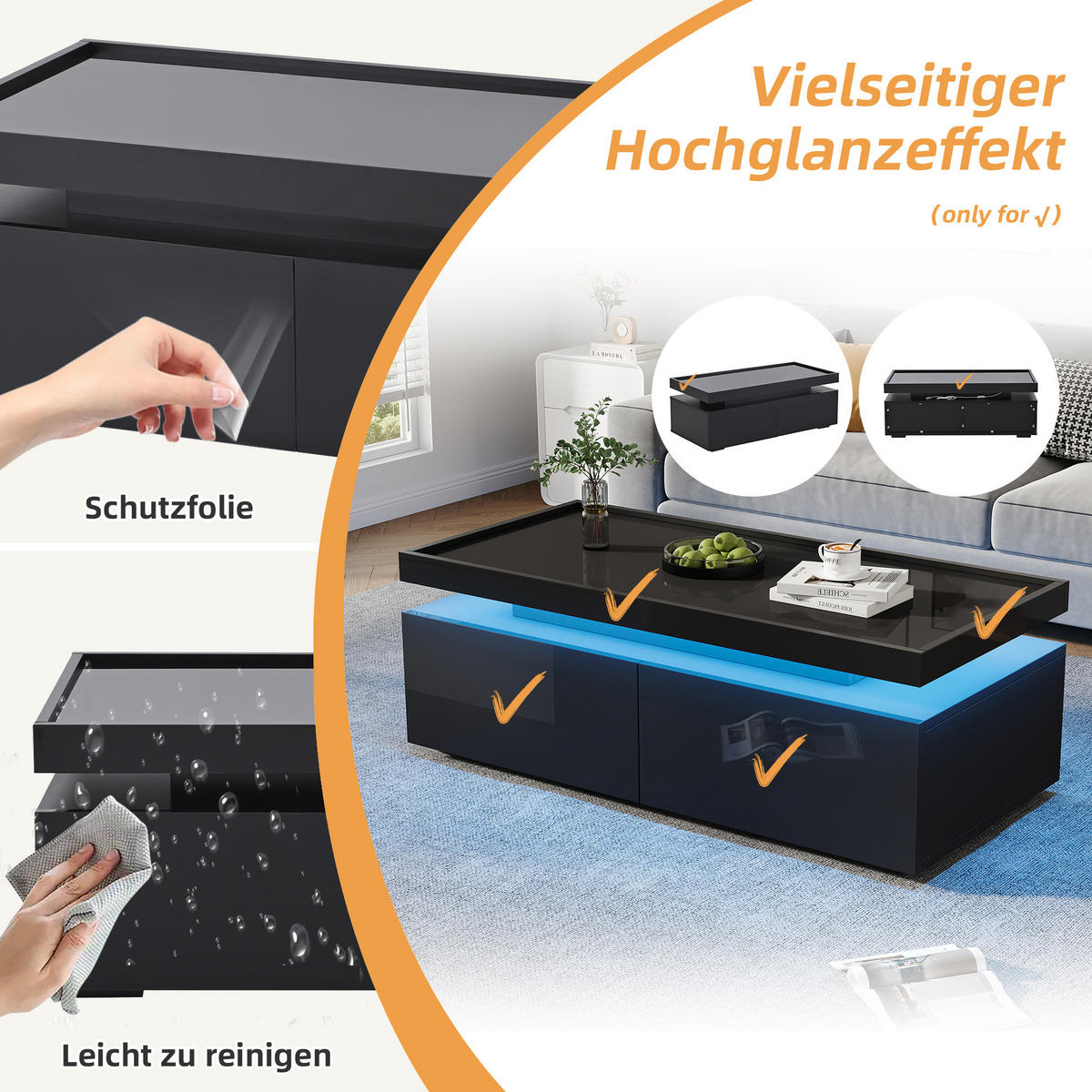COUCHTISCH 95/45/35 cm in Schwarz Hochglanz mit LED-Beleuchtung und 2 Schubladen - Schwarz, Holzwerkstoff (95/45/35cm) - Flora Grace