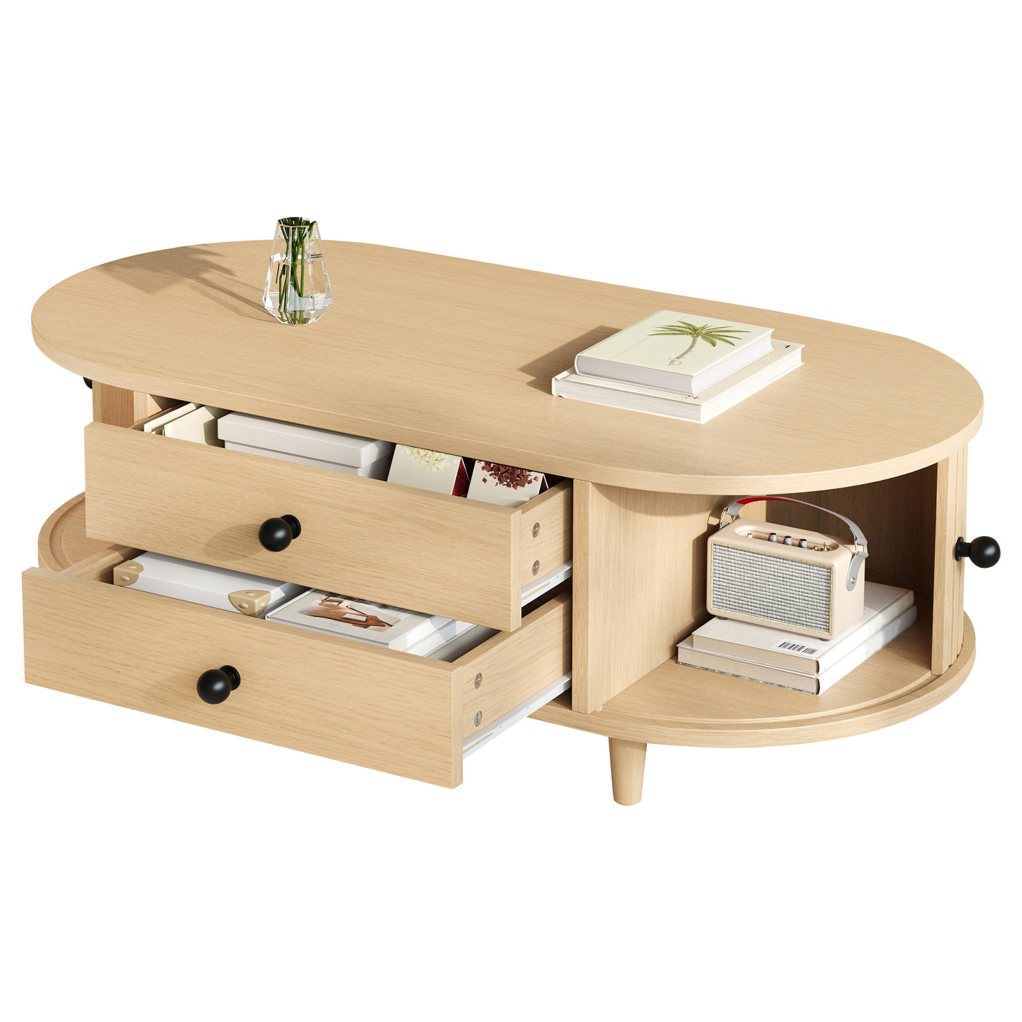 COUCHTISCH in Holzoptik Runder Kaffeetisch mit Rolltüren und Schubladen, Massivholzbeinen, 100/50/36 cm - Hellbraun, Holzwerkstoff (50/100/36cm) - STILVORA