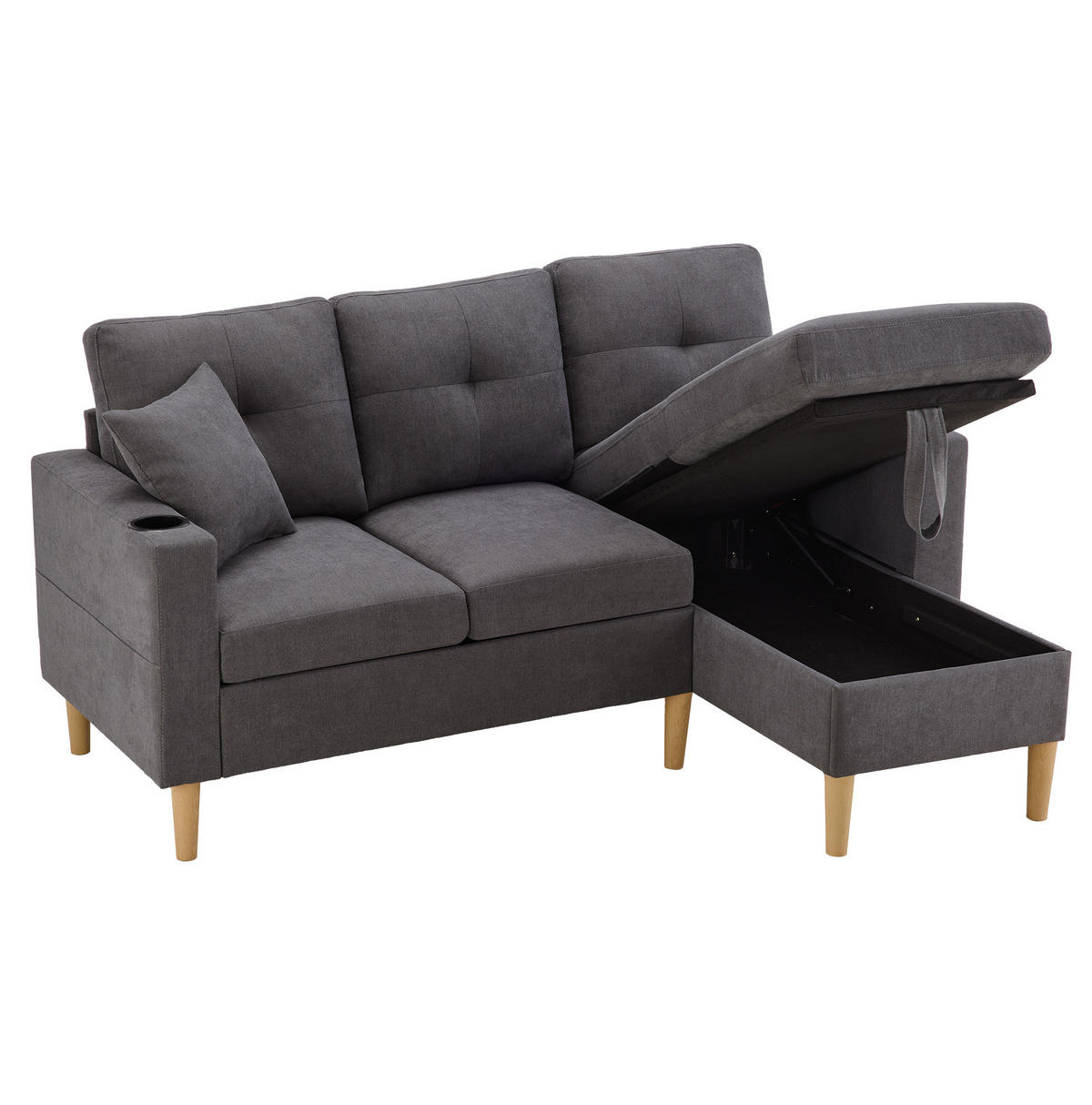 ECKSOFA 175/129/90 cm dunkelgrau aus Baumwoll-Leinen mit Stauraum - Dunkelgrau, Textil (175/129cm) - OKWISH