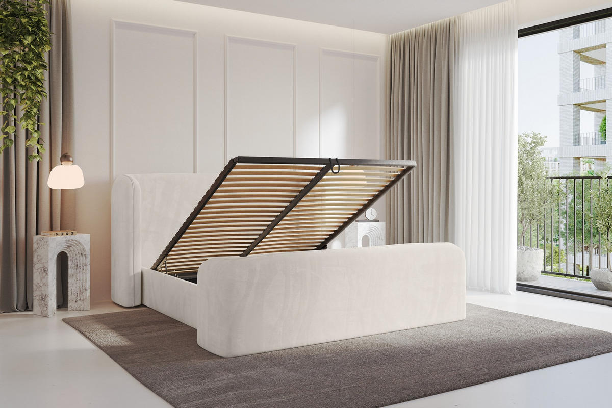 POLSTERBETT mit Bettkasten, Fußteil und Lattenrost, Boxbett ohne Matratze - ESTI-Z 160x200 Beige - Greige, Holzwerkstoff/Textil (160/200cm) - ALTDECOR