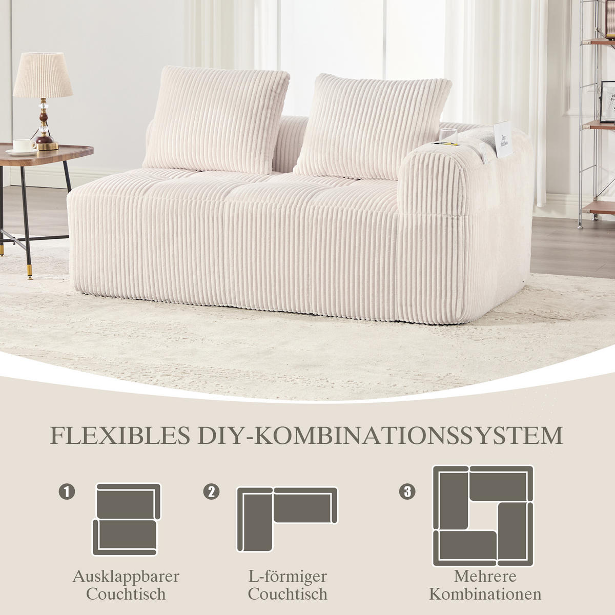 CHAISELONGUE in Cord Übergroßer Relaxsessel mit Seitentaschen - Beige, Textil (158/61/93cm) - Urban Meuble