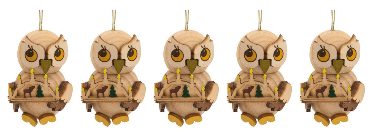 DEKOFIGUR Holzfigur 5x Eulenkind hängend mit Schwibbogen 4 cm - Multicolor, Holz (3/4/3cm)