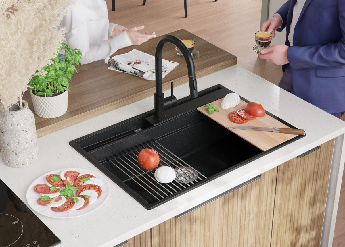 SPÜLBECKEN Oslo Pocket, 2-er set Anthrazit 78/53 cm 1 Becken + Ablauf-Set + Küchenzubehörset ab 80er Unterschrank - Chromfarben/Anthrazit, Kunststoff (78/20/53cm) - Primagran