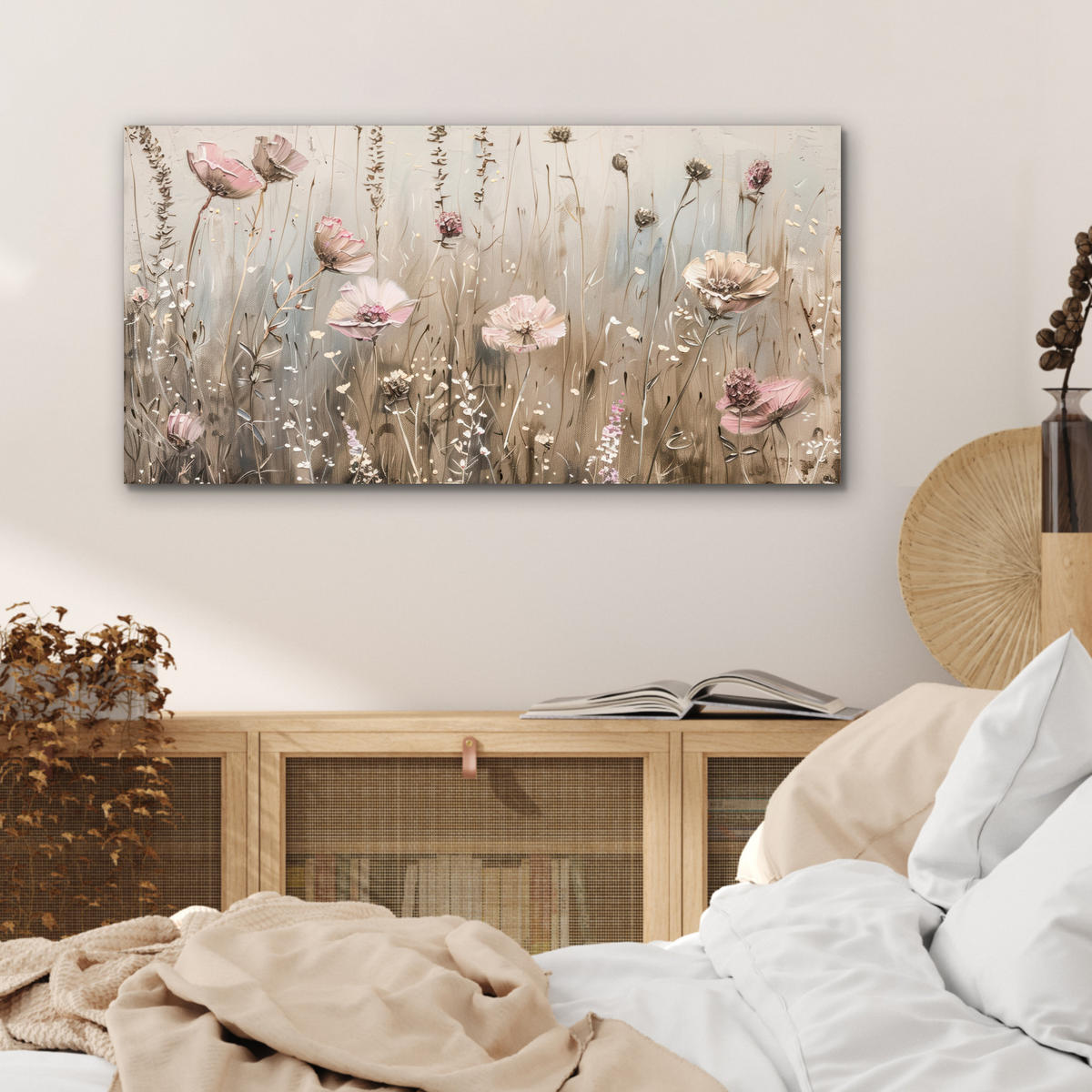 KOVOVÝ OBRAZ Kvety - Ružová - Moderné - Béžová 80x40 cm - béžová, kov (80/40cm) - MuchoWow