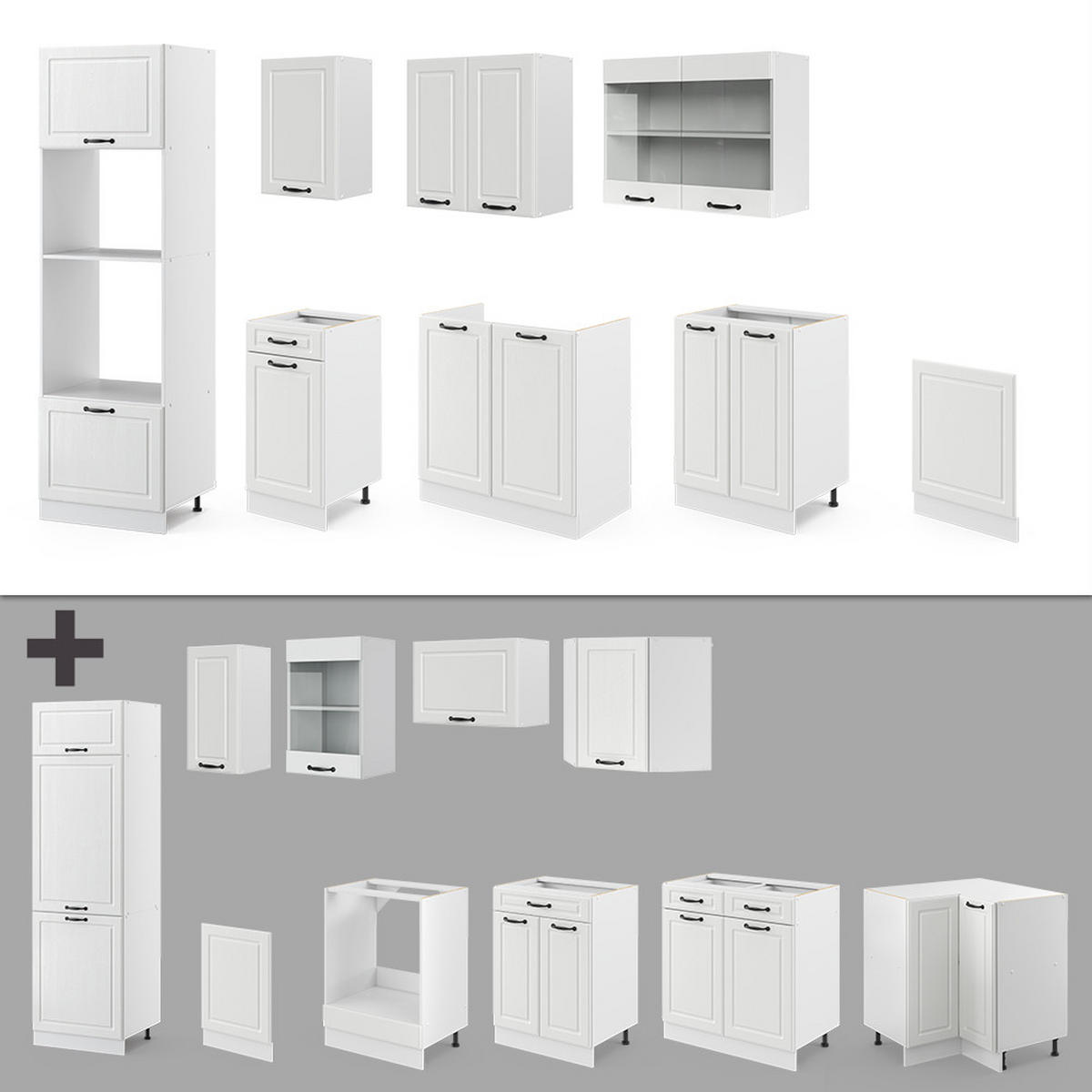 KÜCHENZEILE R-Line Weiß Landhaus/Weiß 300 cm mit Hochschrank, AP Eiche - Creme/Weiß, Holzwerkstoff (300/81.6/60cm) - Vicco