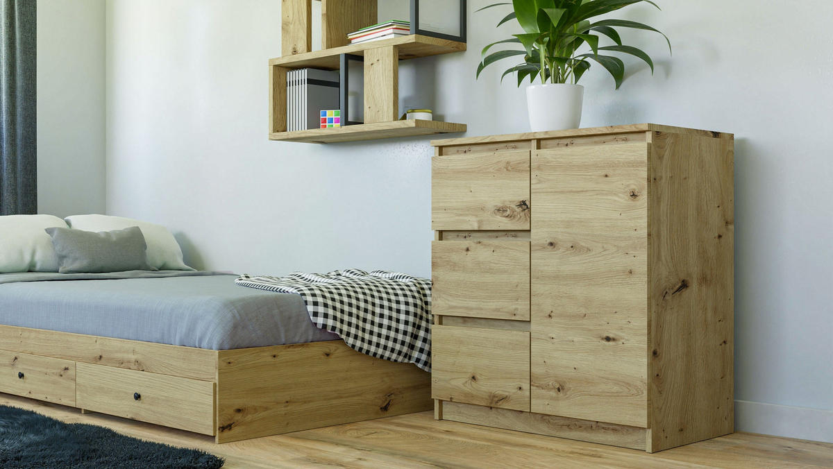KOMMODE 1D3S SCHRANK 1 TÜR 3 SCHUBLADEN EICHE ARTISAN - Eiche Artisan, Holzwerkstoff (80/75/40cm) - CDF
