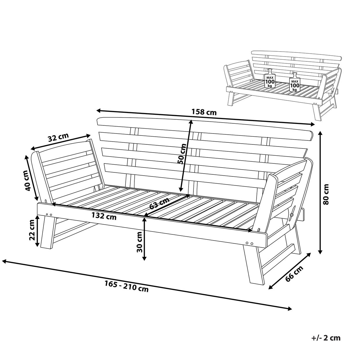 GARTENSOFA Eukalyptusholz dunkelbraun verstellbare Armlehnen 210 cm Portici - Dunkelbraun, Holz (210/82/66cm) - Beliani
