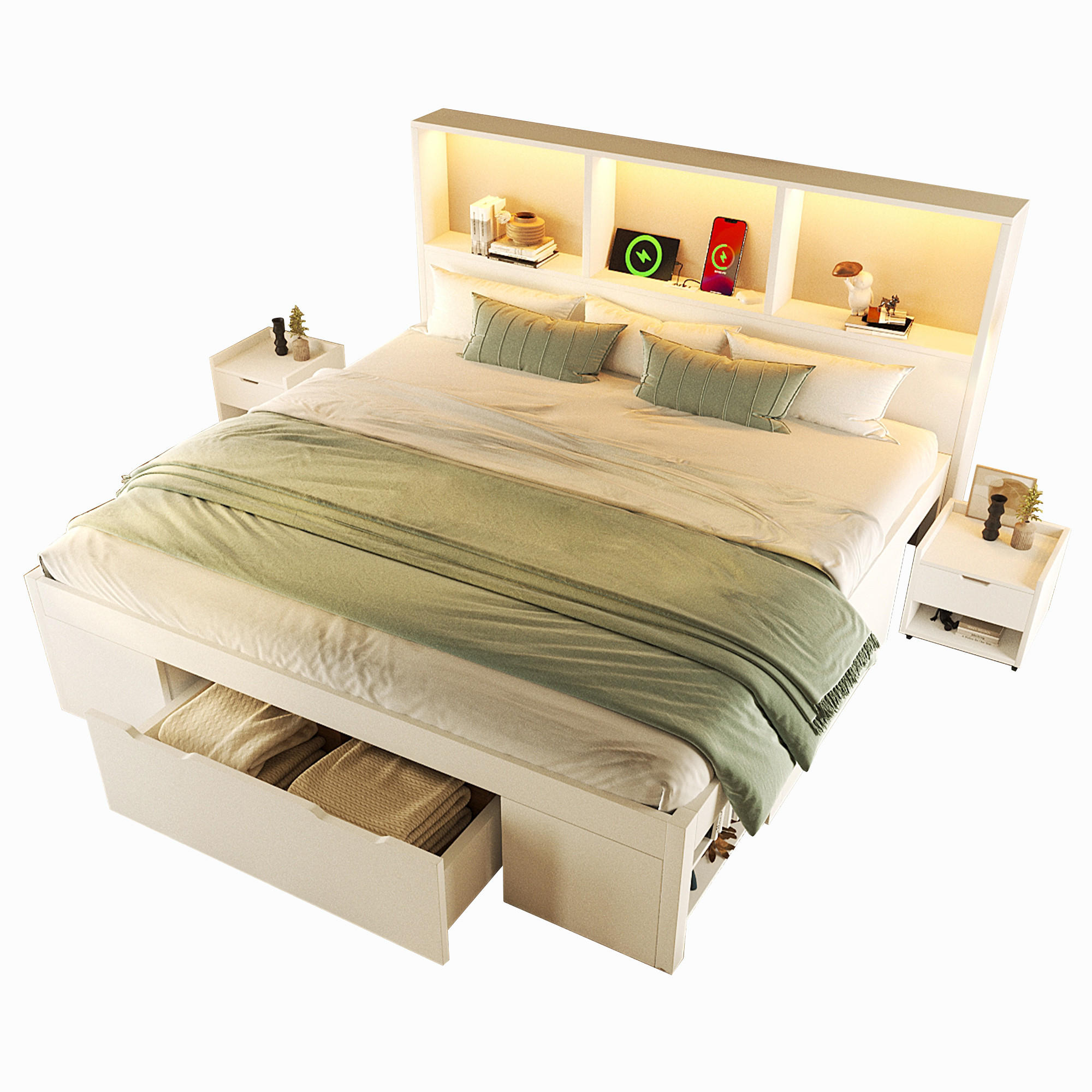BETT 140/190 cm in Weiß mit Schublade, Regalen, LED und USB Type-C Holz Design - Weiß, Holzwerkstoff (140/190cm) - STILVORA