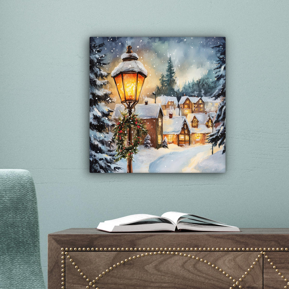 LEINWANDBILD Weihnachtsdorf - Häuser - Schnee - Weihnachten 20x20 cm - Sandfarben, Textil (20/20cm) - MuchoWow