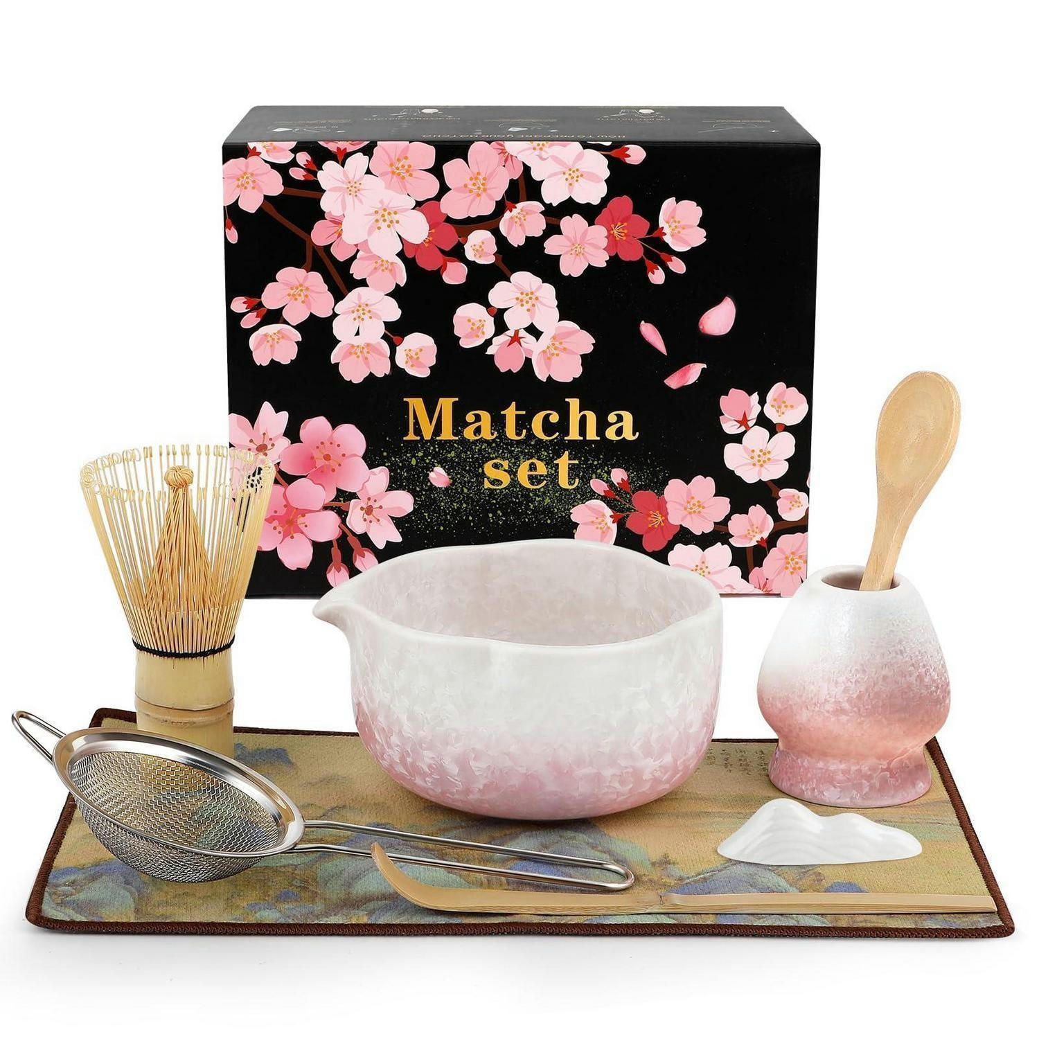 MATCHA Set 8-teiliges Set mit Schale, Besen und Löffel - Rosa, Keramik (15.2/10/28cm)