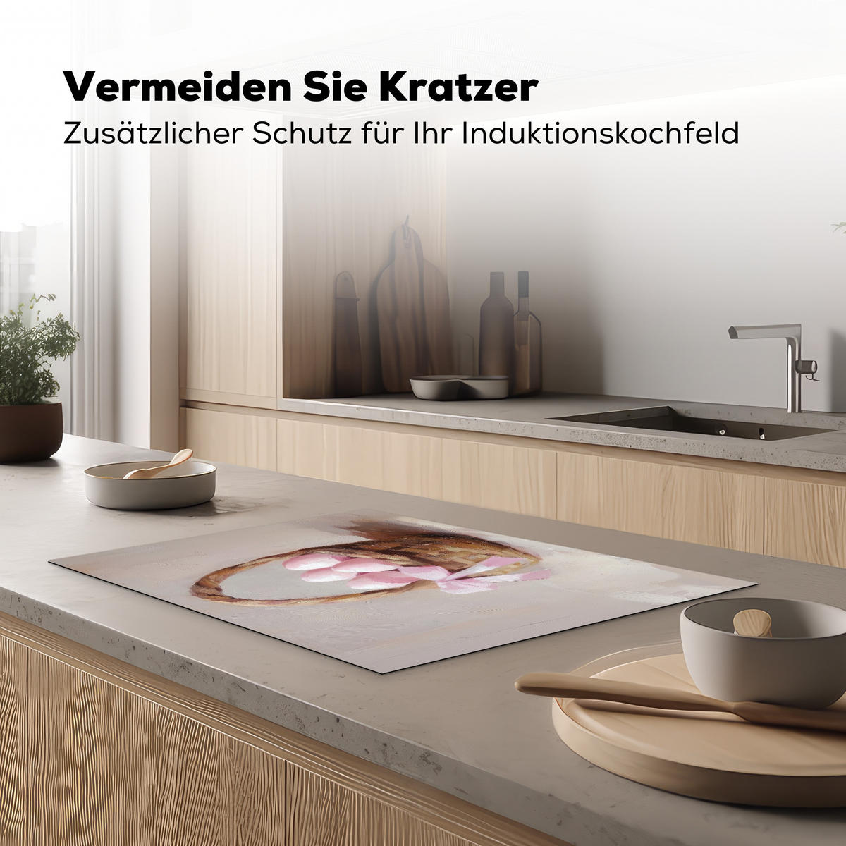 HERDABDECKPLATTE Korb - Eier - Rosa Herdabdeckung Induktionsfeld 75x52 cm - Beige, Kunststoff (75/52/0.2cm) - MuchoWow