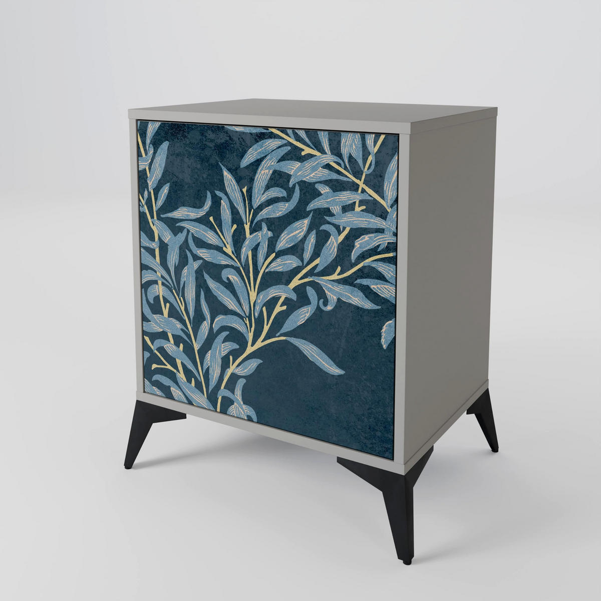 SIDEBOARD BLUE LEAVES, Grau, 57,5x42x72,5 cm, Schwarze Metallfüße - Multicolor/Schwarz, Holzwerkstoff/Metall (57.5/72.5/42cm) - SpaceRebels