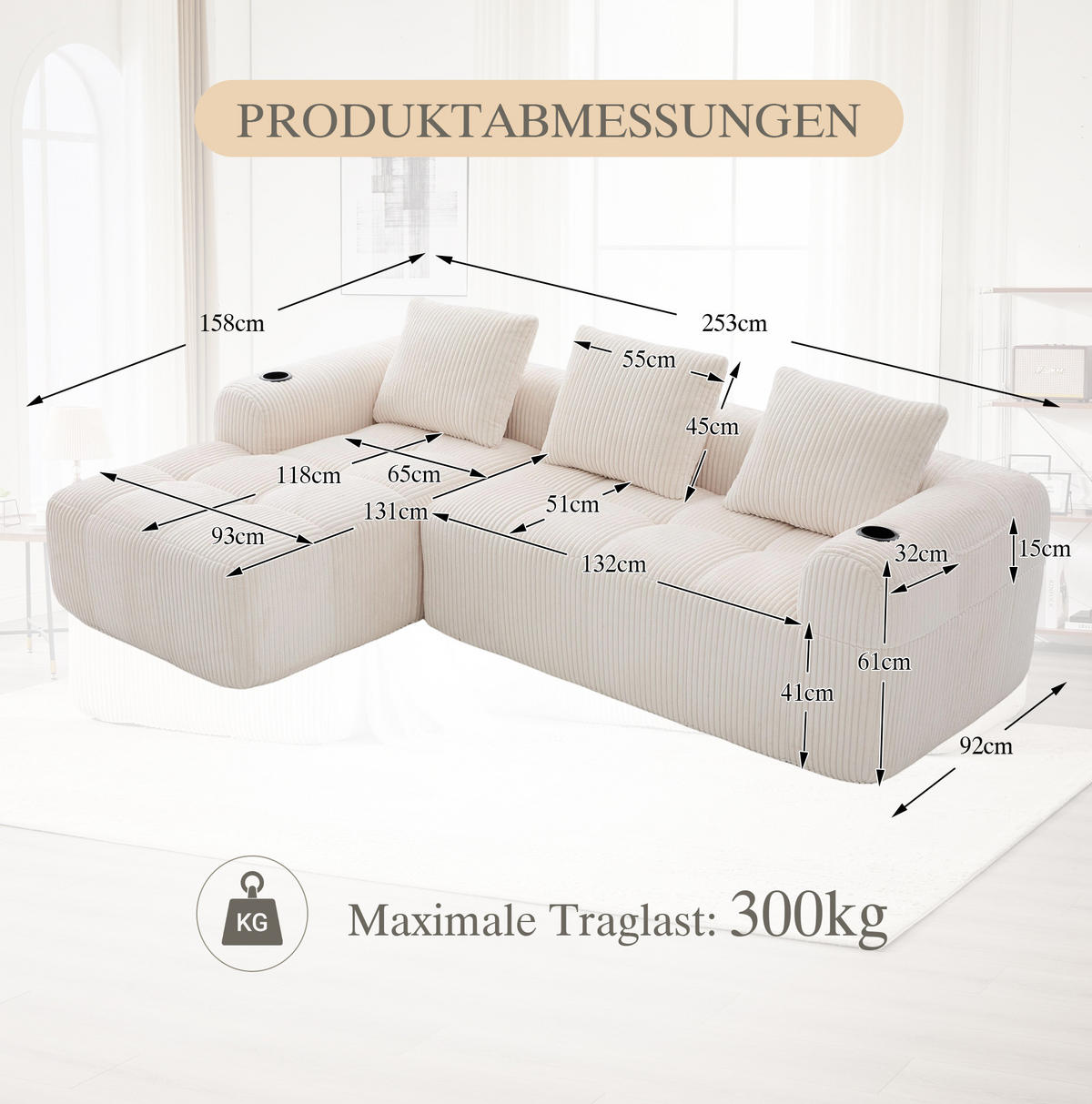 ECKSOFA 253/158/61 cm beige aus Cord mit Becherhaltern - Beige, Textil (158/253cm) - OKWISH