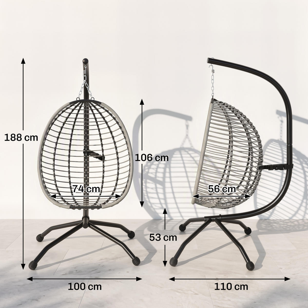 HÄNGESESSEL Grau 110.0/100.0/188.0 cm - Grau, Metall (100/188/110cm)