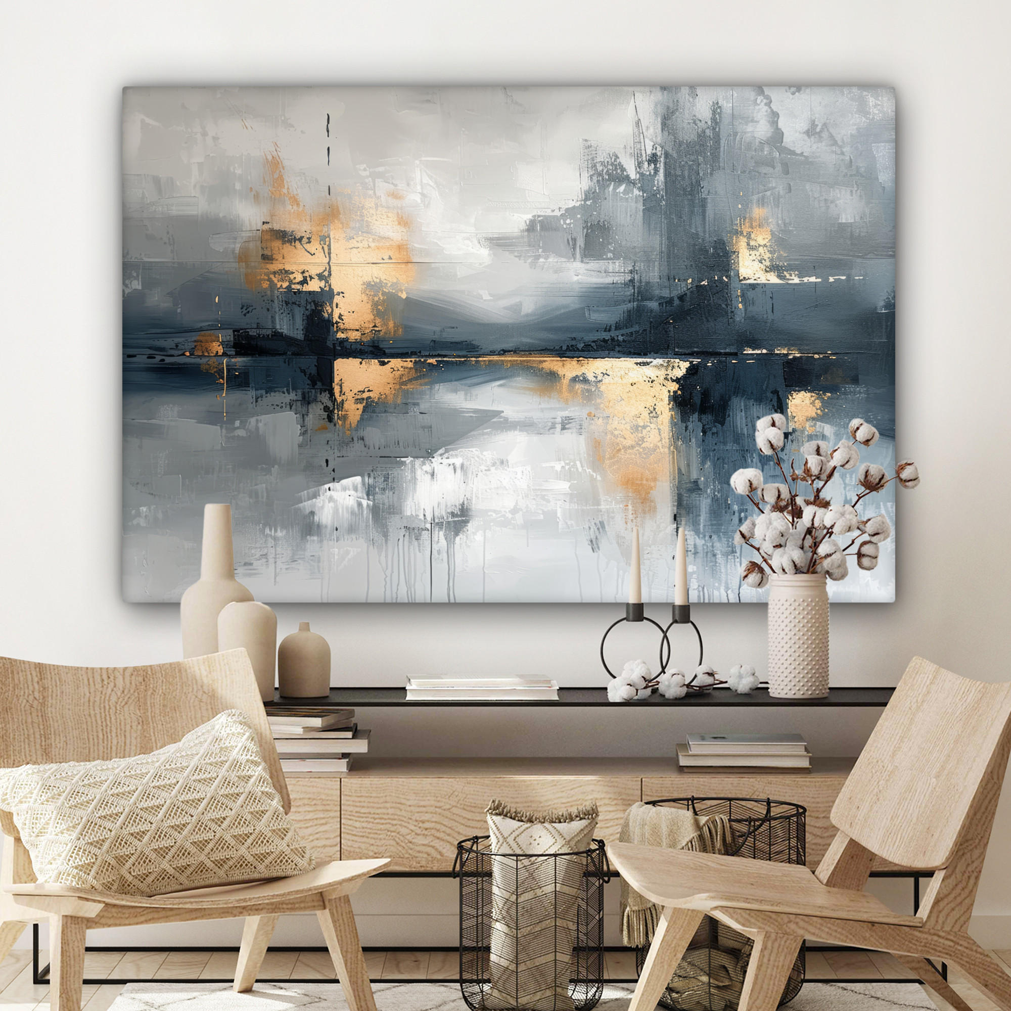 LEINWANDBILD Kunst - Grau - Gold - Abstrakt XXL 150x100 cm - Dunkelgrau, Textil (150/100cm) - MuchoWow