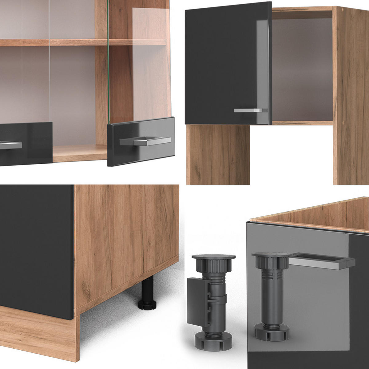 ECKKÜCHE R-Line Anthrazit Hochglanz/Goldkraft Eiche 237 x 60 cm ohne AP - Honigeiche/Anthrazit, Holzwerkstoff (247/81.6/46cm) - Vicco