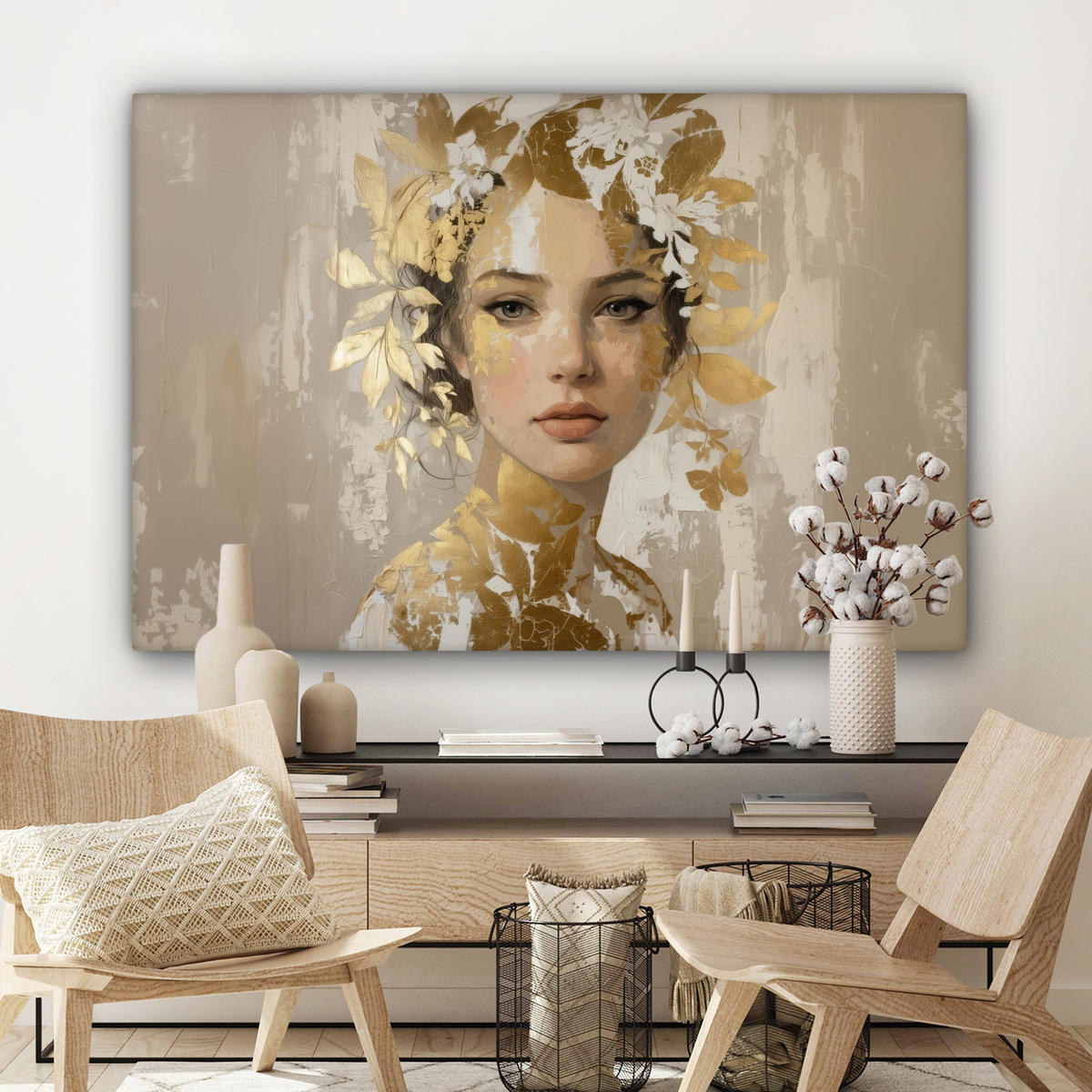 LEINWANDBILD Gesicht - Frau - Blätter - Gold Wohnzimmer Groß 120x80 cm - Beige, Textil (120/80cm) - MuchoWow