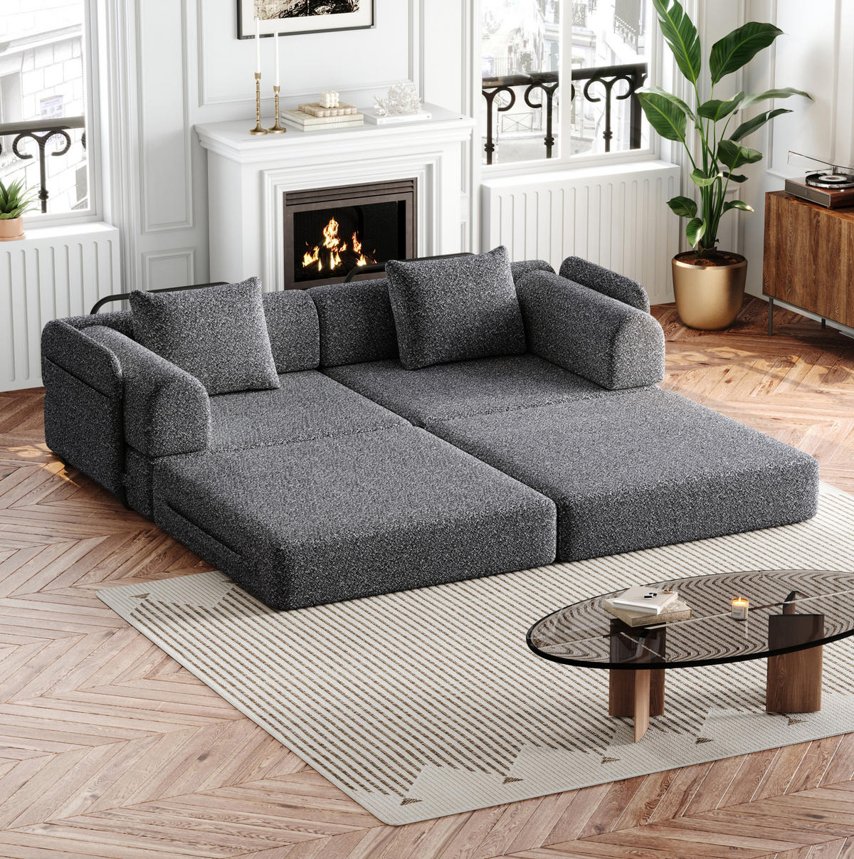 SCHLAFSOFA 2-in-1 mit Armlehnen-Ablagefach Chenille Grau 200/90/85 cm - Grau, Textil (181.6/49.5/94cm) - OKWISH