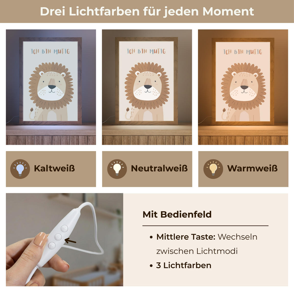 NACHTTISCHLAMPE Löwe - Beige - Tier - Mutig - Zitat 20x30 cm - Beige, Holzwerkstoff (8/20/30cm)