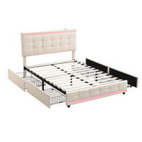 POLSTERBETT 140x200 LED 4 Schubladen 2 USB Leinen Beige - Beige, Holzwerkstoff - FLIEKS