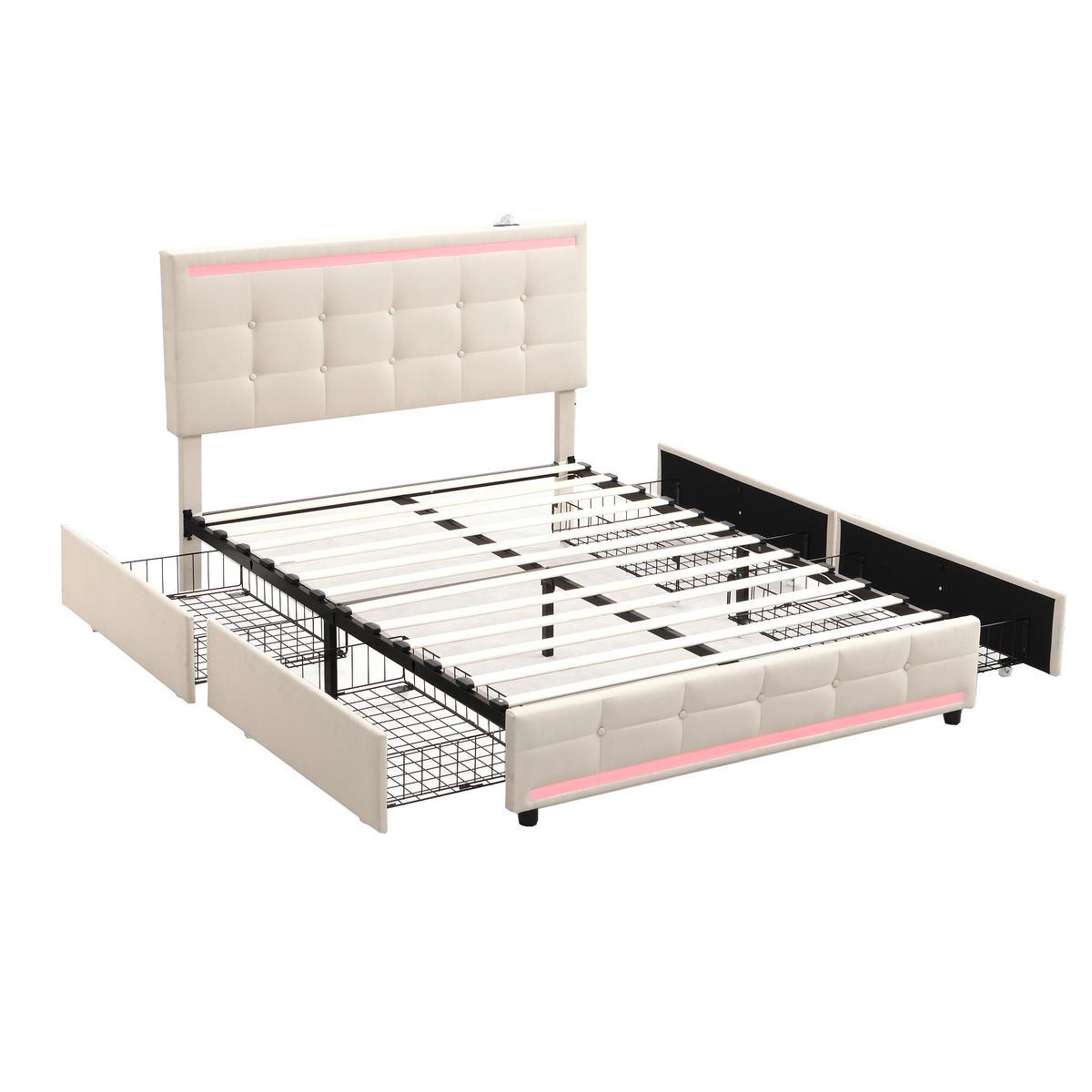 POLSTERBETT 140/200 cm Beige LED-Bett mit 4 Schubladen und USB-Anschluss - Beige, Textil (140/200cm) - OKWISH