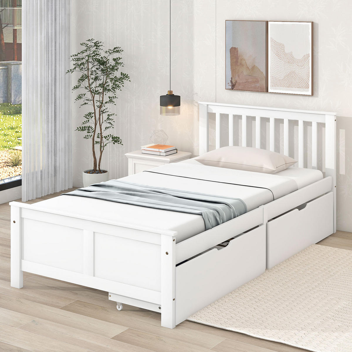 BETT 90x200 cm Holz Schubladen weiß - Weiß, Holz (90/200cm) - LEBENLANG