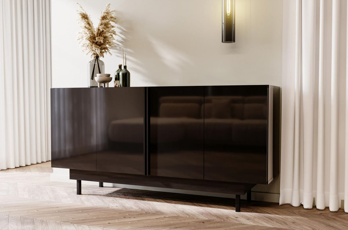 SIDEBOARD Artemisa Schwarz, goldener Akzent, Hochglanz - Schwarz Hochglanz/Schwarz, Holzwerkstoff/Metall (163/81/42cm) - Dancan
