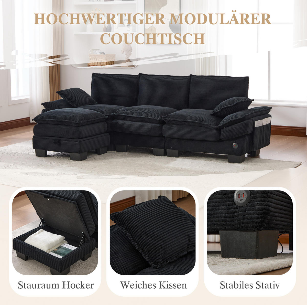 SOFA modular 3-Sitzer mit Hocker USB-C Cord Schwarz - Schwarz, Textil (260/132cm) - IVMEU
