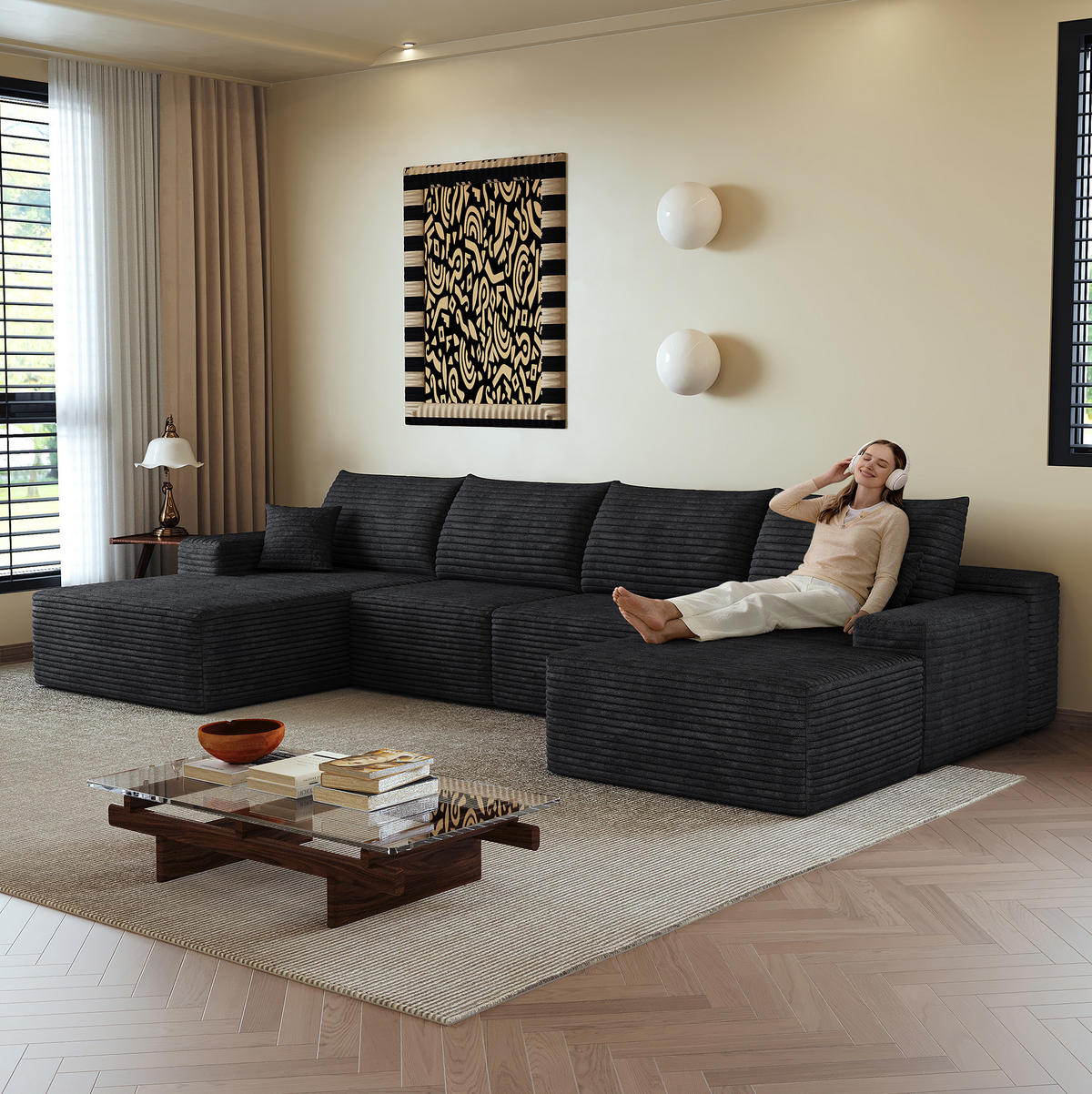SOFA Ecksofa mit Chaiselongue 340 cm Cordstoff Schwarz - Schwarz, Kunststoff (175/83/270cm) - Meubliv