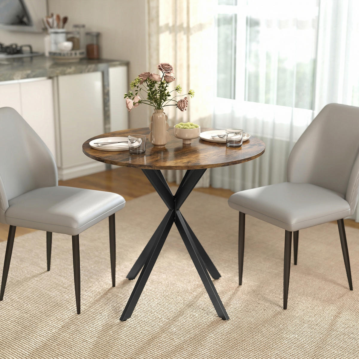 KÜCHENTISCH rund Braun 80/80/75 cm - Schwarz/Braun, Metall (80/80/75cm) - HOMCOM