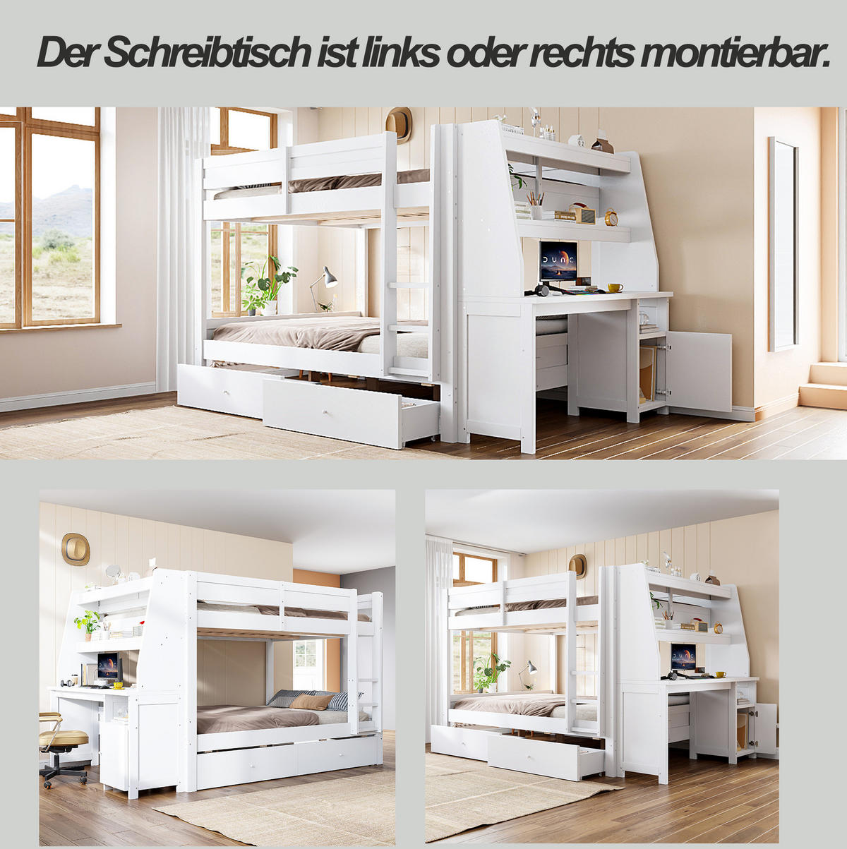 ETAGENBETT 140x200 cm in Weiß mit Schreibtisch, Stauraum und seitlichem Schrank - Weiß, Holz (140/200cm) - IVMEU