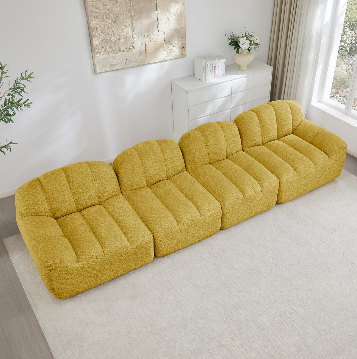 MODULARES 4-Sitzer Sofa aus granuliertem Fleece mit ergonomischer Muschelform Gelb - Gelb, Textil (104/79/366cm) - Modenvie