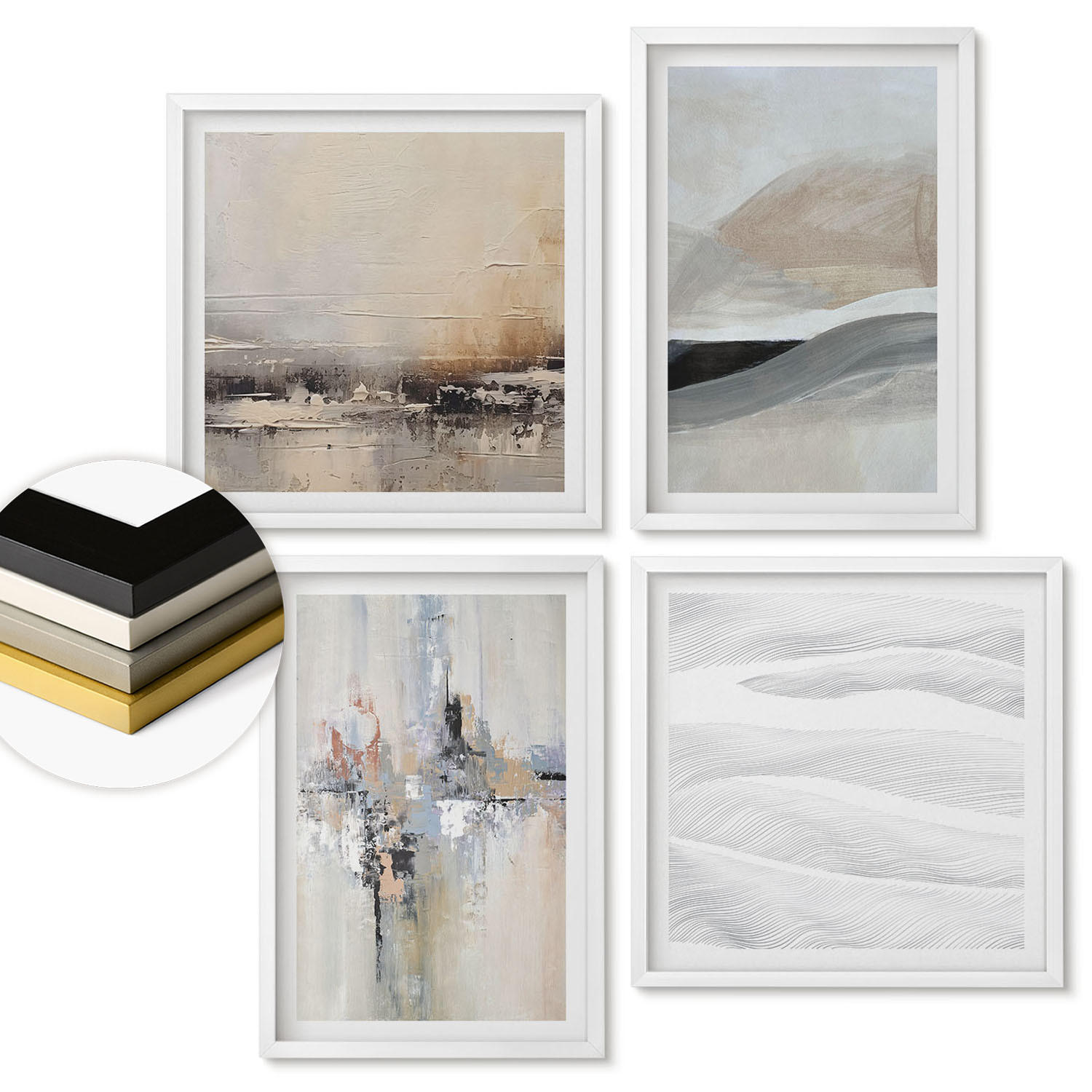 WANDBILDER 4er-Set - 50x50 cm & 40x60 cm Weißer Rahmen - Abstrakte Erdmuster - Weiß, Kunststoff (50/50cm) - ArtPrintCave