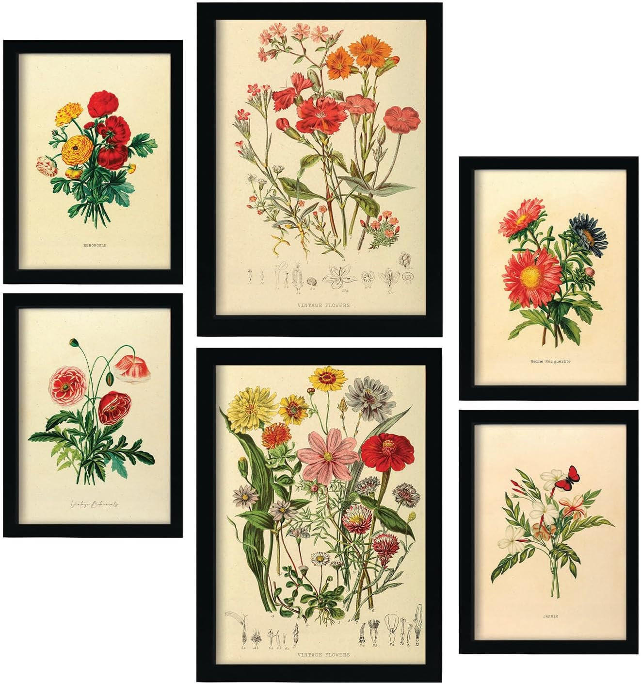 POSTER Set Mit 6 Blumensträuße 2 In Vintage A3 & A4 Schwarzer Rahmen - Schwarz, Papier (29/3cm) - Nacnic