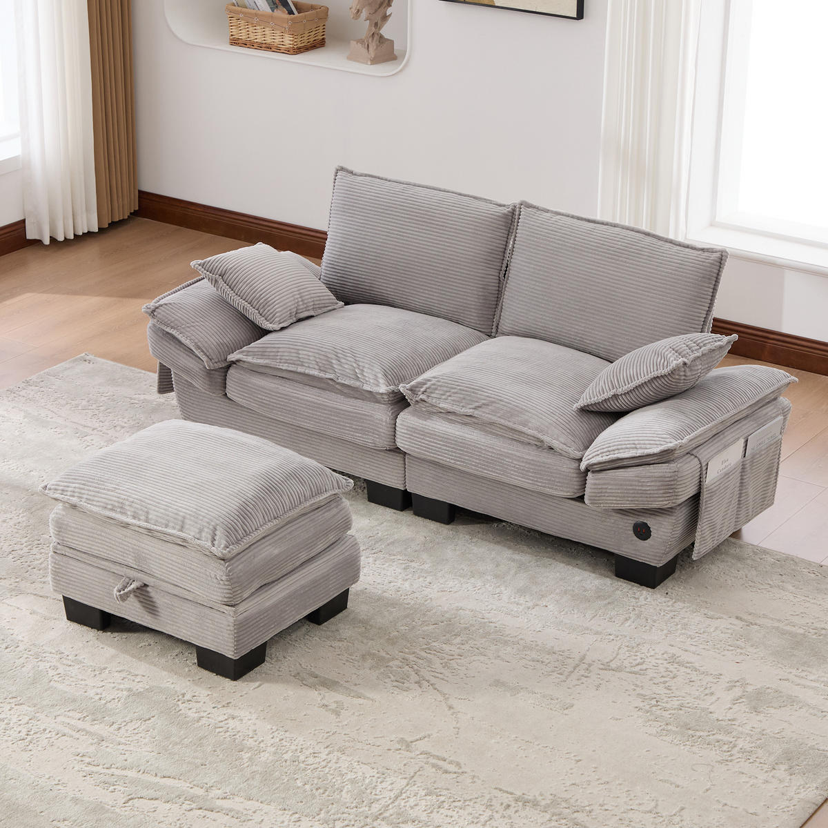 2-SITZER SOFA Cord Hellgrau mit Hocker, USB-C und Seitentaschen - Hellgrau, Holzwerkstoff/Kunststoff (190/132cm) - WISHDOR