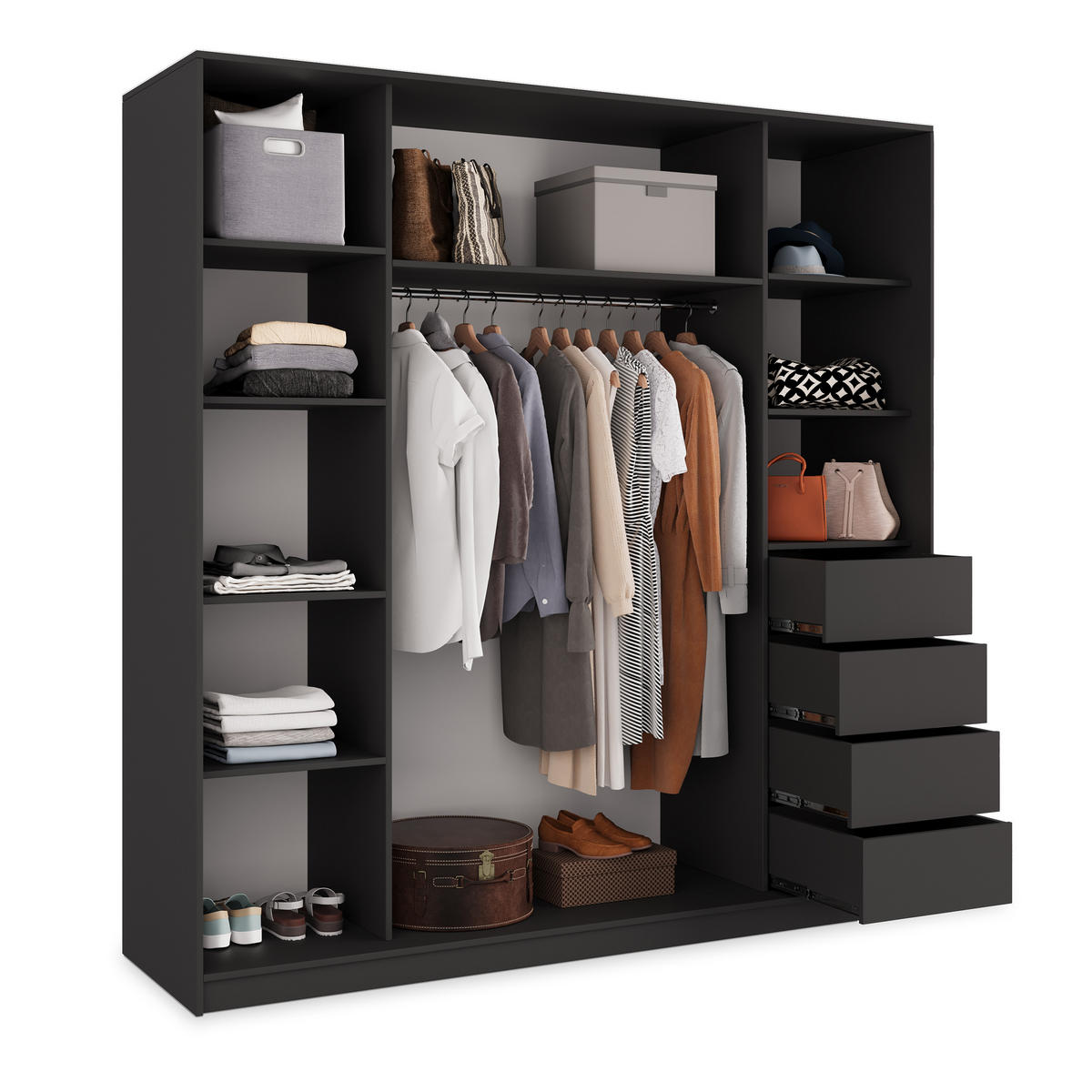 SCHWEBETÜRENSCHRANK TARI 200/205/58 cm 3-türig mit Spiegel und 4 Schubladen Schwarz - Schwarz, Holzwerkstoff (200/205/58cm) - MASSENO