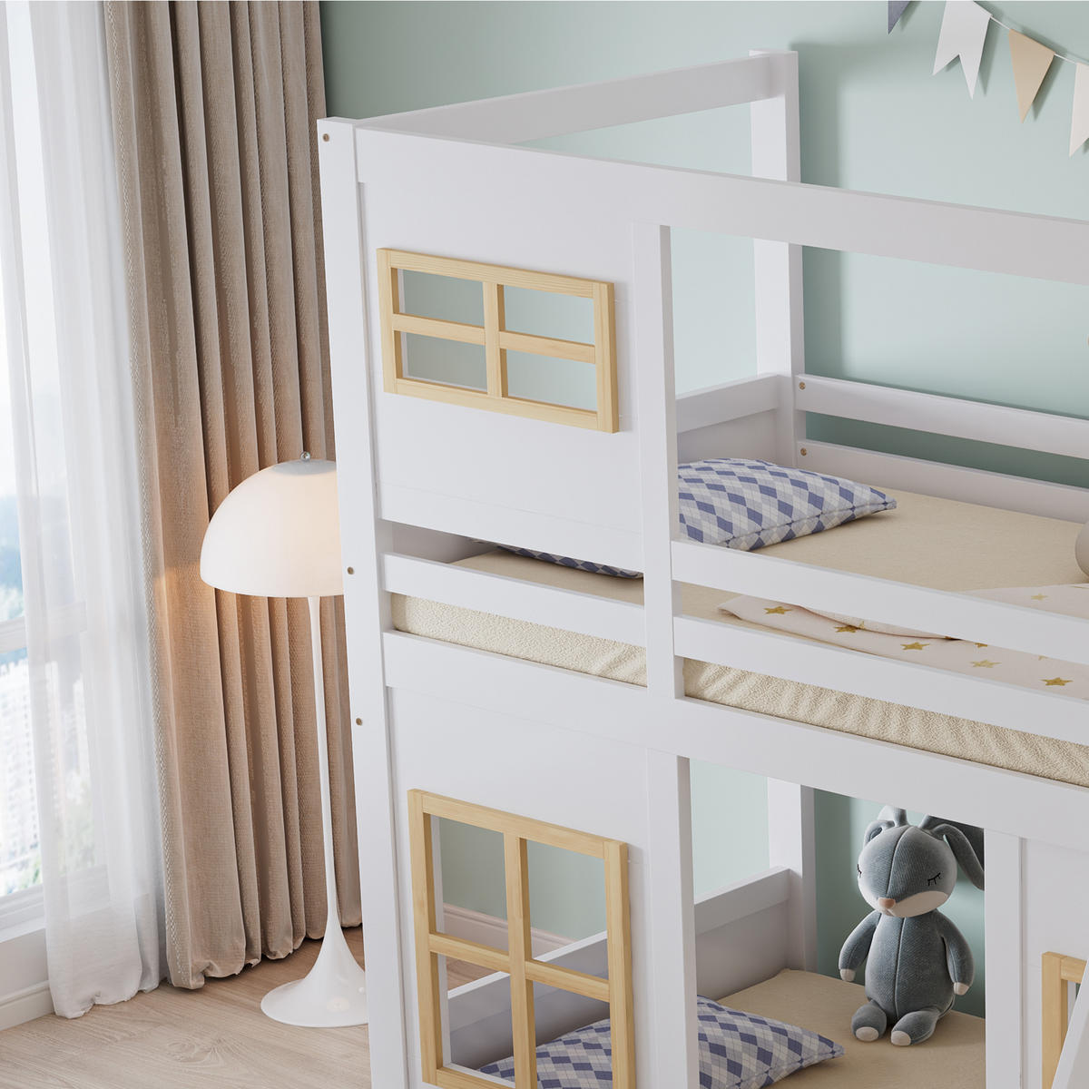 ETAGENBETT Kinder 90x200 Weiß+Natur mit Fenster und Trittleiter - Naturfarben, Holz (90/200cm) - ComfortXL