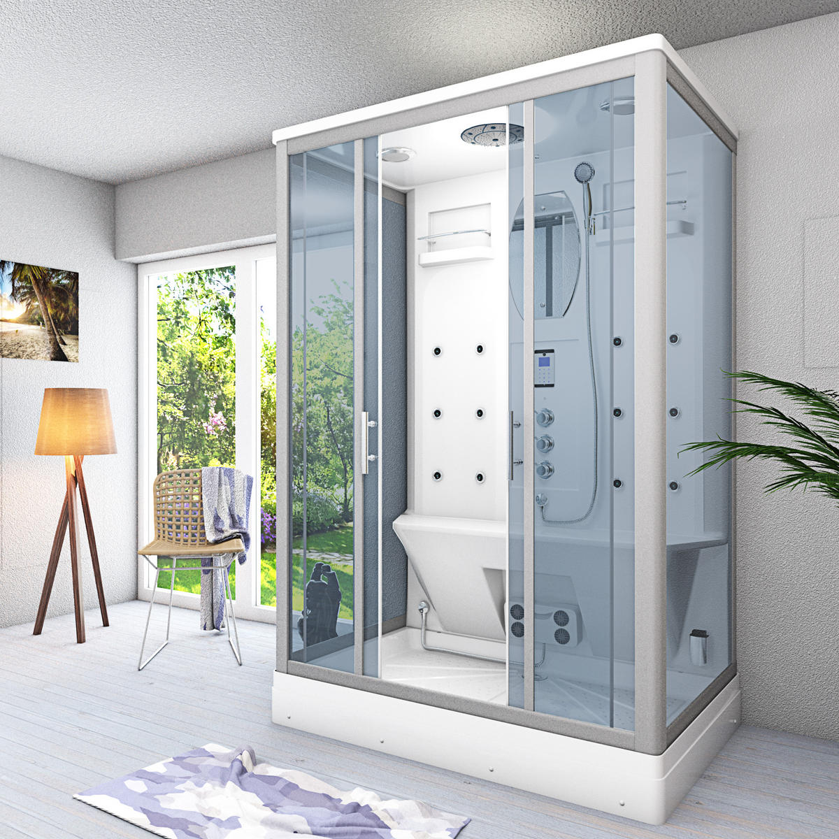 ACQUAVAPORE Dampfdusche Sauna Dusche Duschkabine D27-TH-EA 140x90 cm OHNE 2K Scheiben Versiegelung - Weiß, Glas/Kunststoff (140/90/215cm) - AcquaVapore by Sandra Jentho