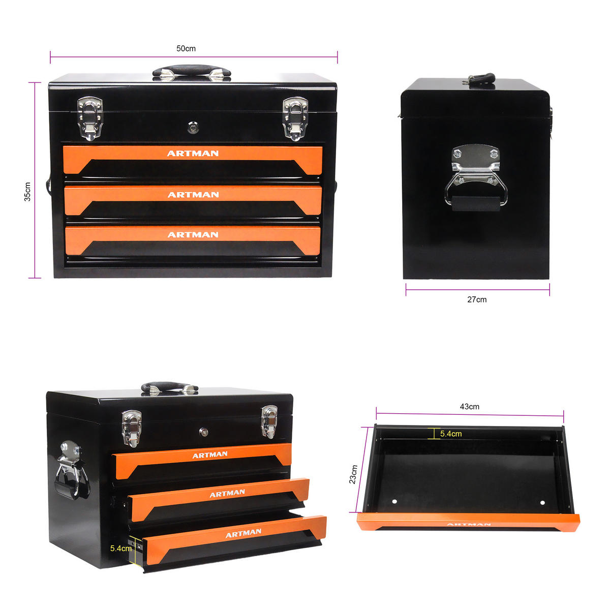 WERKZEUGKOFFER 20 Zoll Stahl, 3 Schubladen, Metallverschluss, Orange - Schwarz, Metall (27/35/50cm) - Novahome